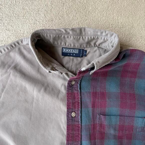 Men's L Rikken Tan and Plaid Button-Up Shirt - Picture 2 of 3